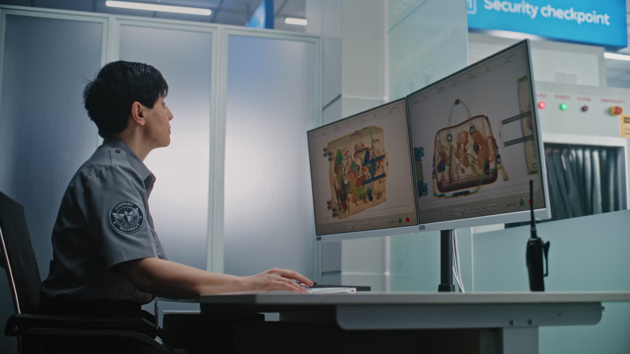 공항 보안관 이 수하물 을 검사 하고 있다