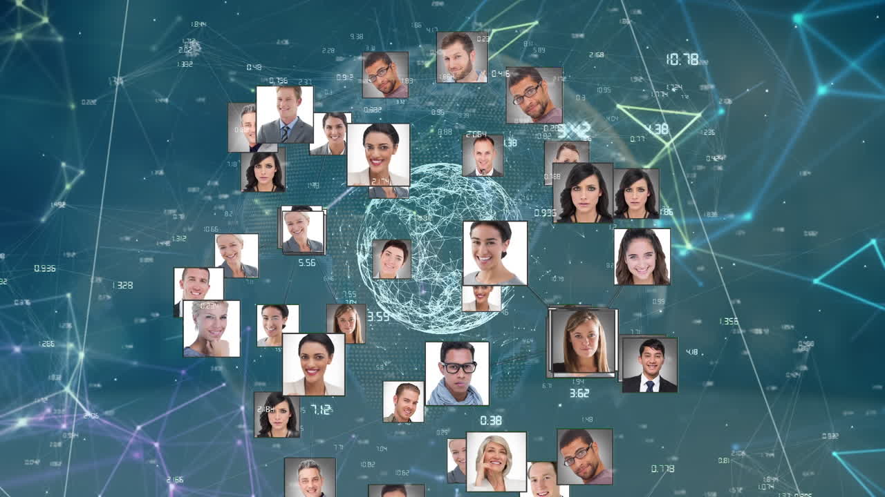 Animation of diverse people icons over globe and network of connections