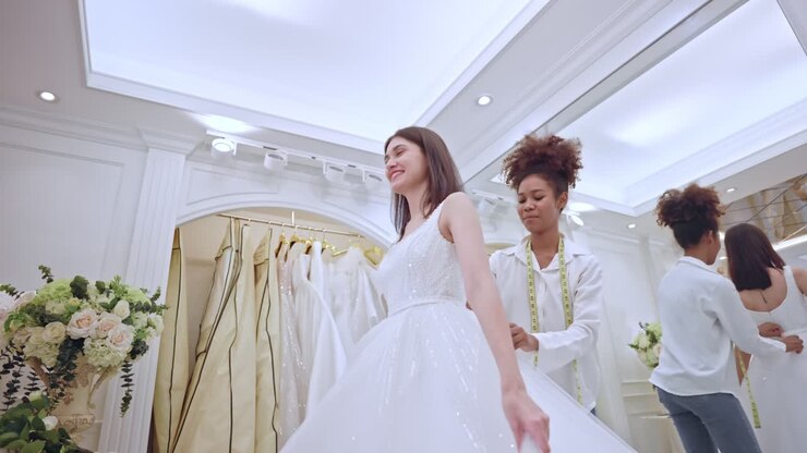 Woman getting wedding dress fitted by tailor