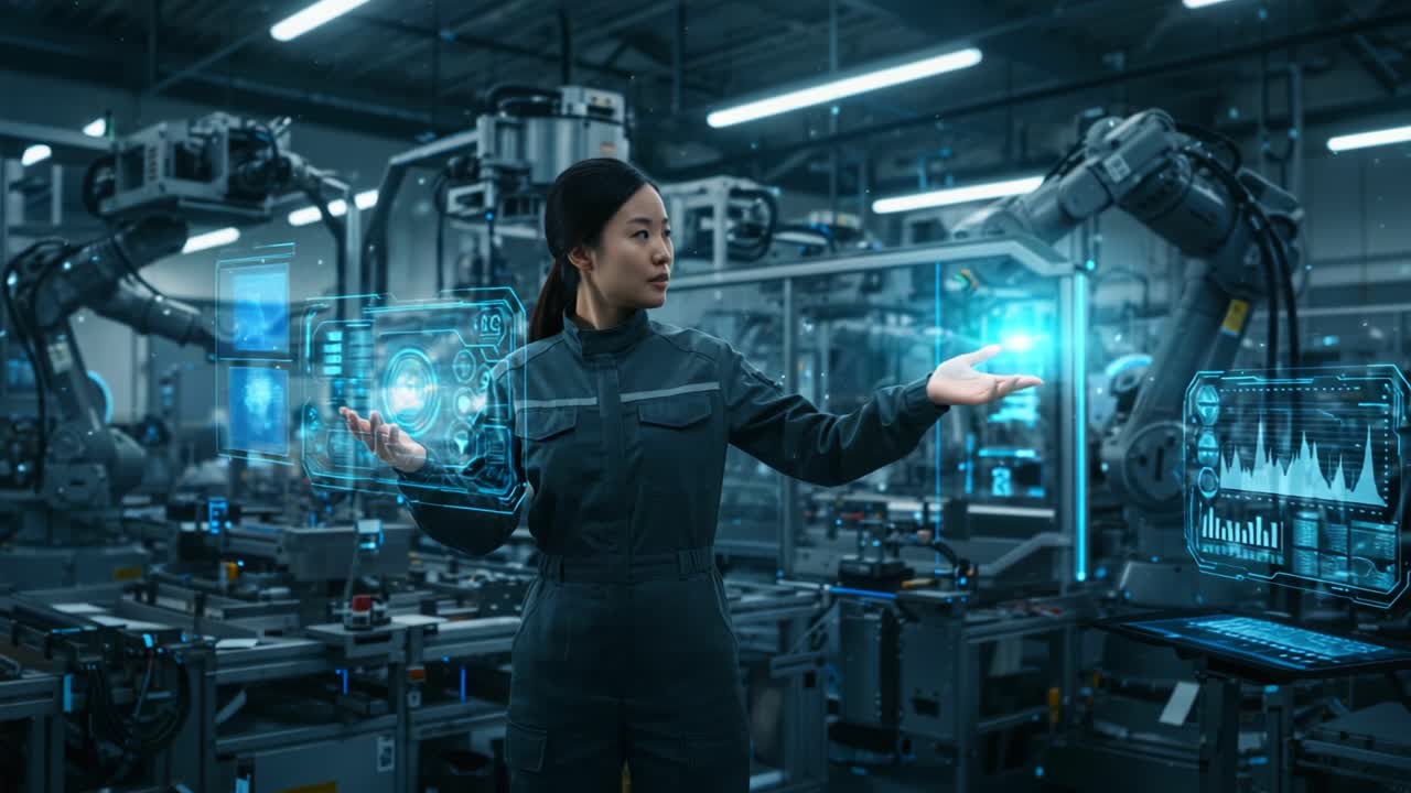 A skilled technician interacts with advanced digital interfaces in a futuristic manufacturing facility, showcasing the integration of technology and automation in production processes