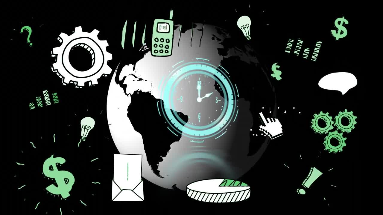 Animation of globe, clock and diverse icons on black background