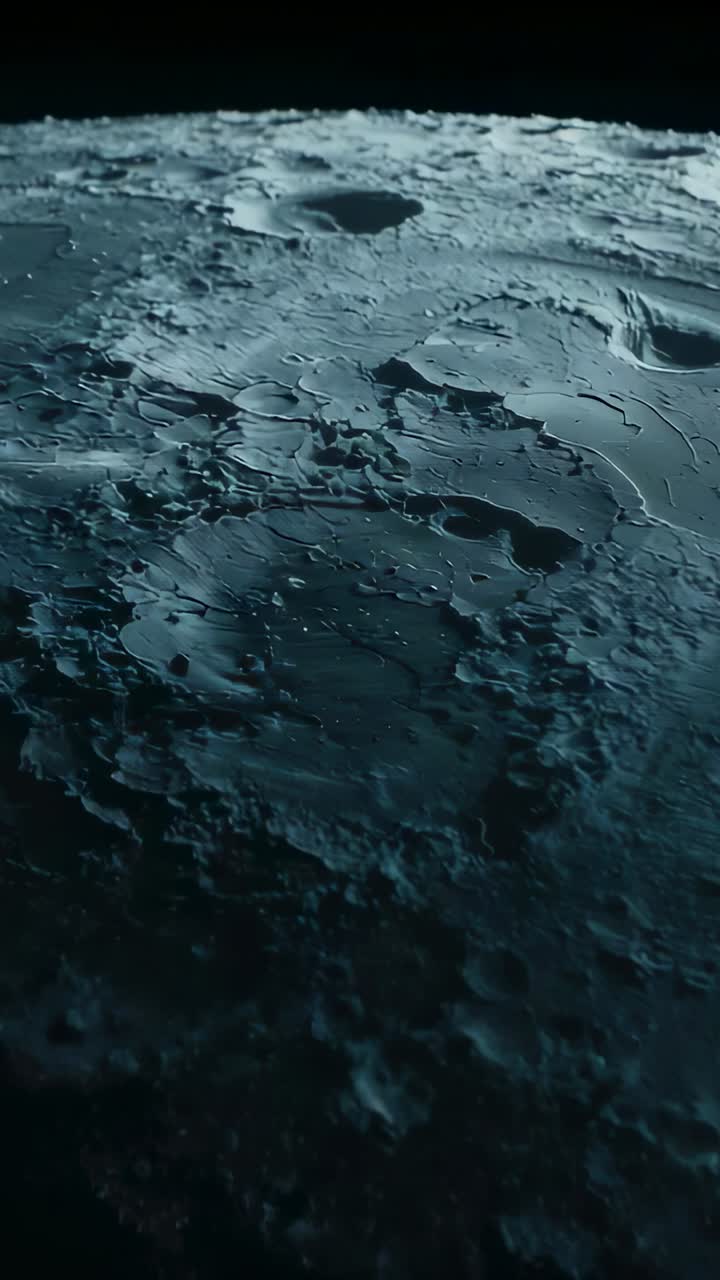 Vertical video: Pulling back camera during low lunar flyover, revealing large crater and lunar limb