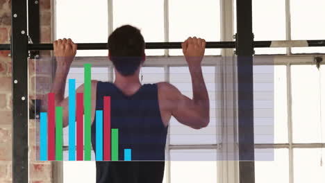 animation of diagrams over caucasian man exercising at gym