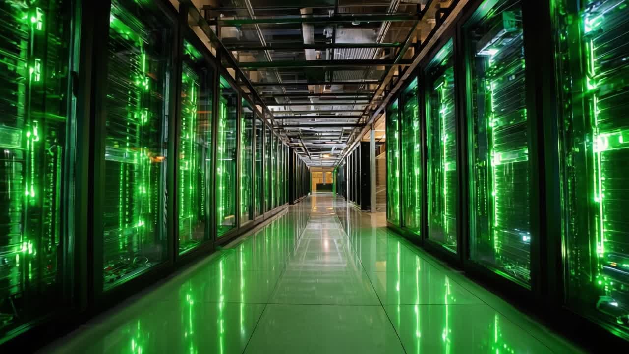En fantastisk udsigt inde i et højteknologisk datacenter med rækker af oplyste servere i en korridor badet i grønt lys, der indfanger essensen af moderne computerinfrastruktur.