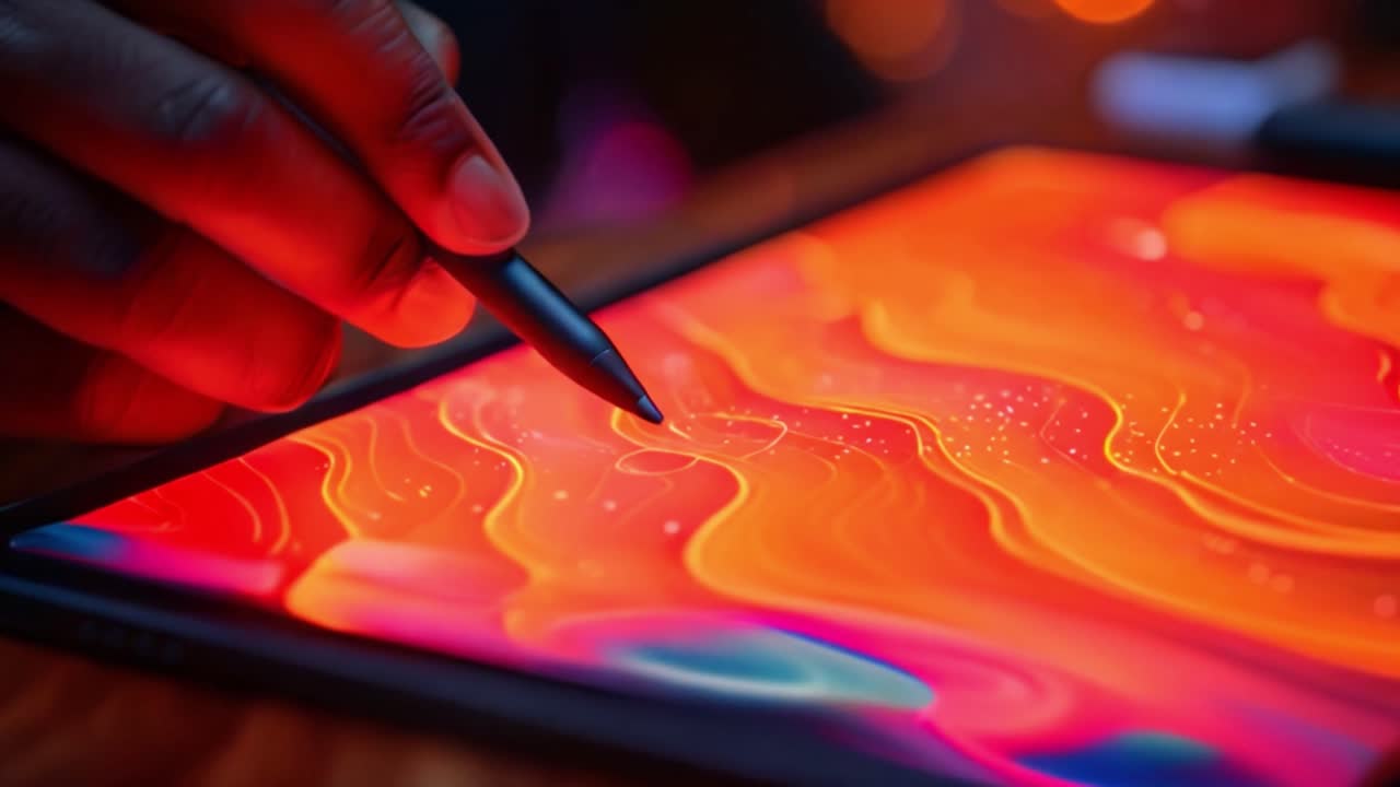 Close-up of a hand using a stylus on a tablet to create digital art