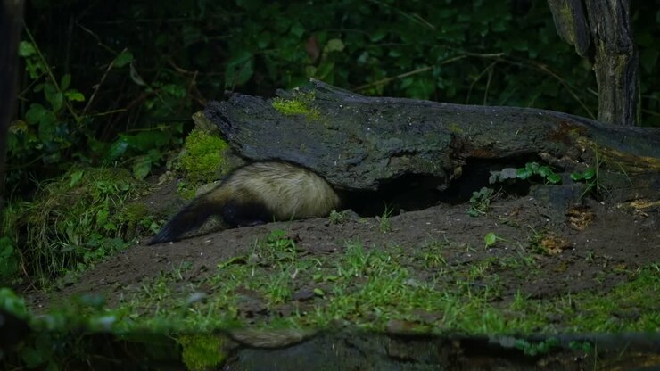 Una puzzola europea che si muove sul suolo della foresta circondata da muschio e foglie a Drenthe