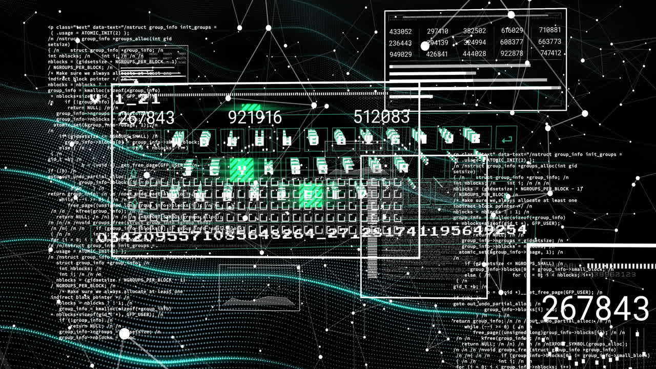 Animation of interface with data processing and network of connections against black background