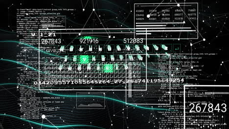 Animation of interface with data processing and network of connections against black background