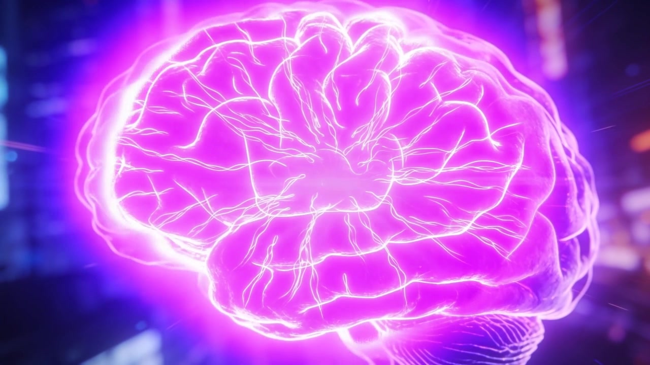 Sparking core CGI brain pulsing, sending traces inward over neon scene for activation