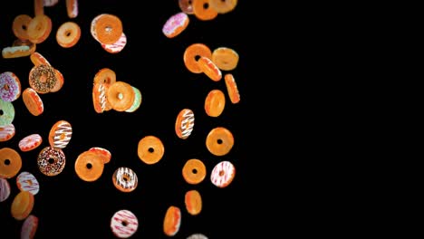 volando muchas rosquillas coloridas en fondo negro. pastel de rosquilla, dulces, postre. animación 3d de rosquillas girando. animación de bucle.