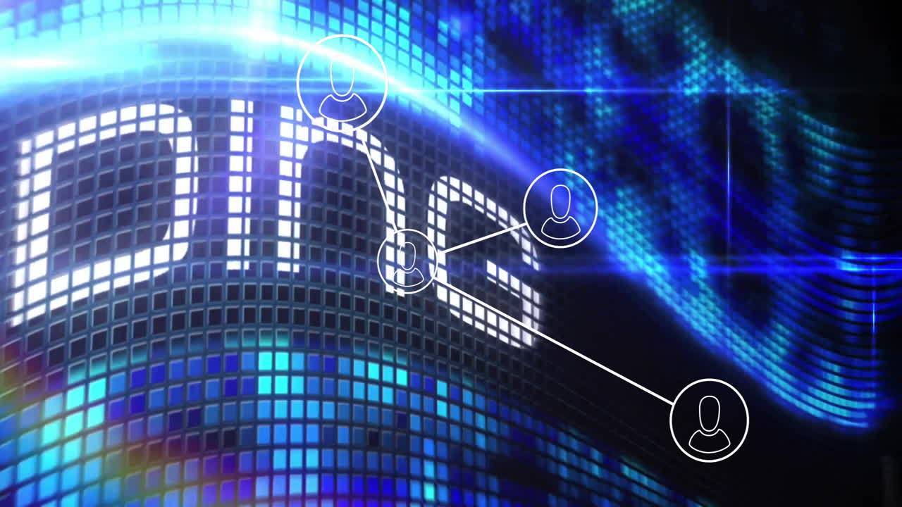Animation of digital network connections with glowing blue and black background
