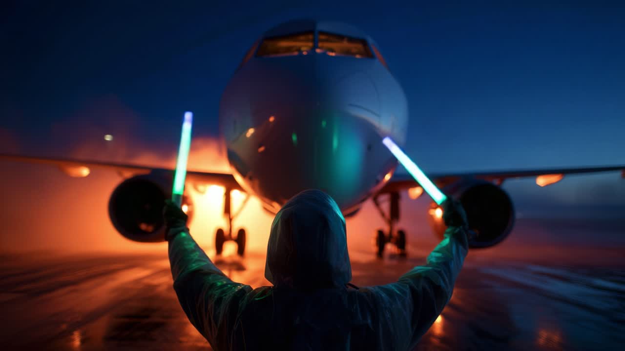 Aviation Ground Control: A Single Operator Signaling with Glow Sticks in Front of an Illuminated Aircraft at Dusk, Ensuring Safe Movement and Coordination on a Busy Runway