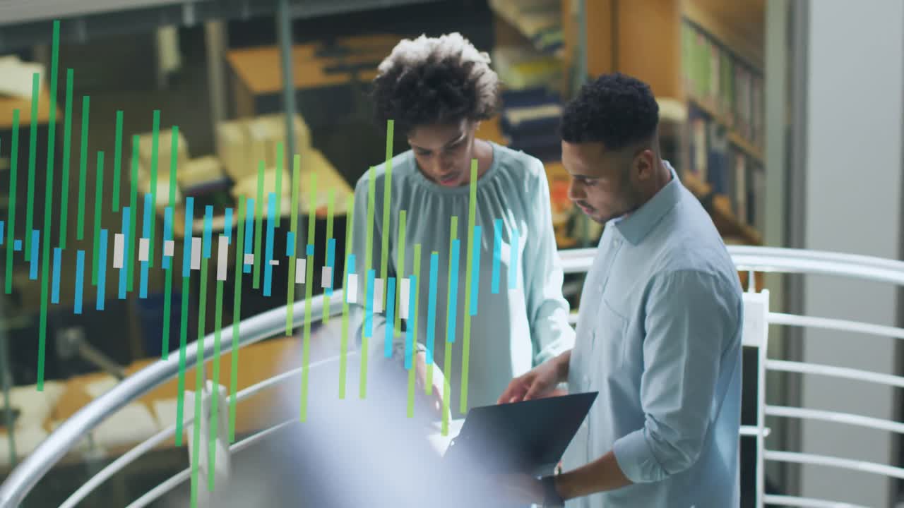 Animation of financial data processing over diverse business people discussing work at office