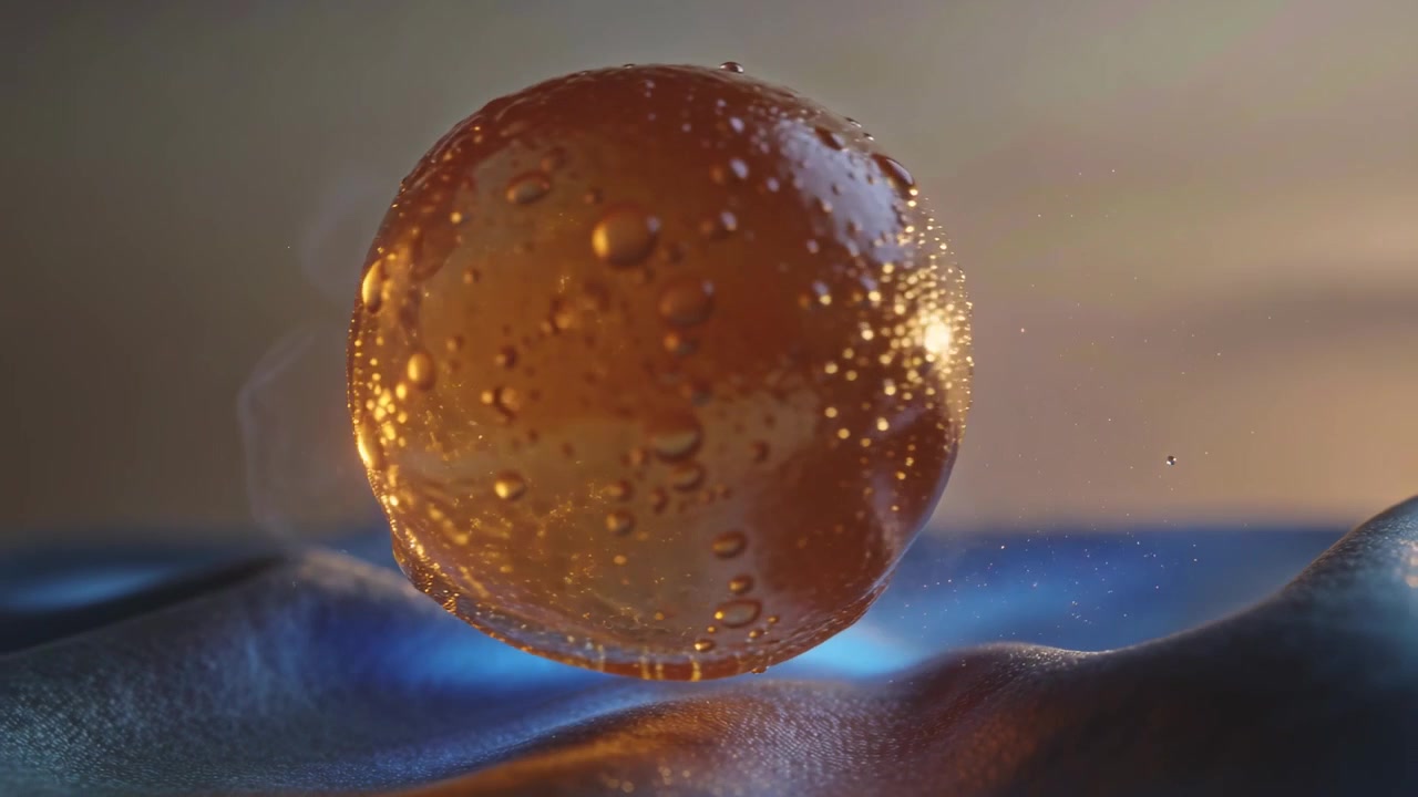 Sfera ambrata che si alza ruotando sopra un tessuto increspato in un set, luce blu dal basso che solleva la sfera, goccioline
