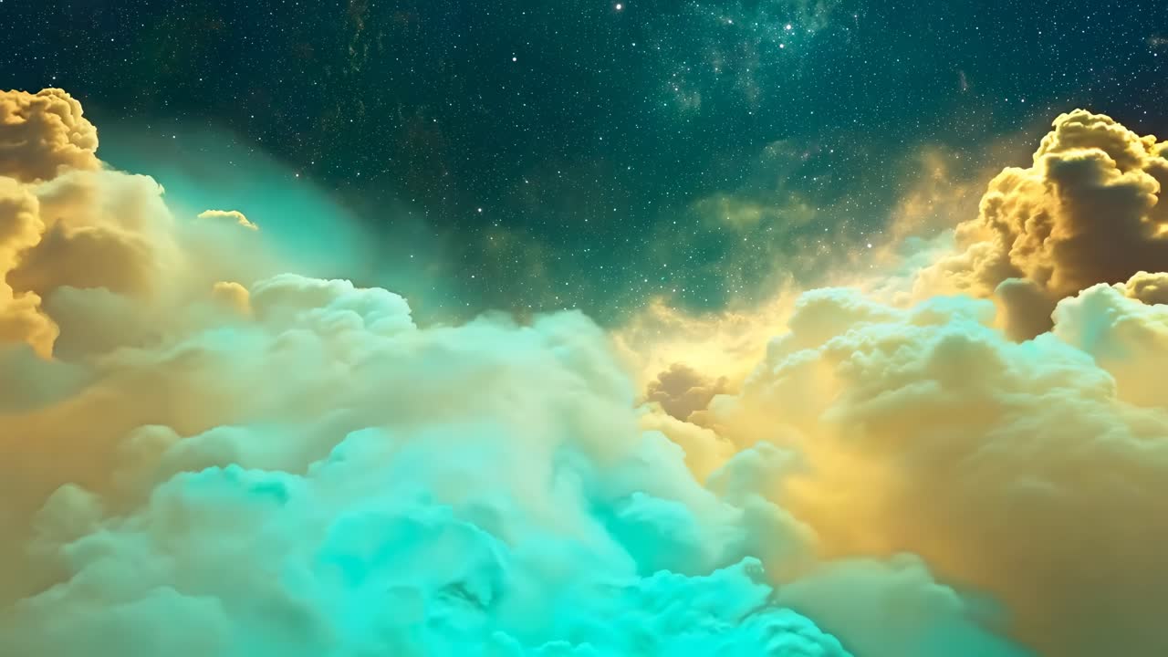 Aerial view of vibrant clouds under a starry sky, creating a dreamy, surreal atmosphere