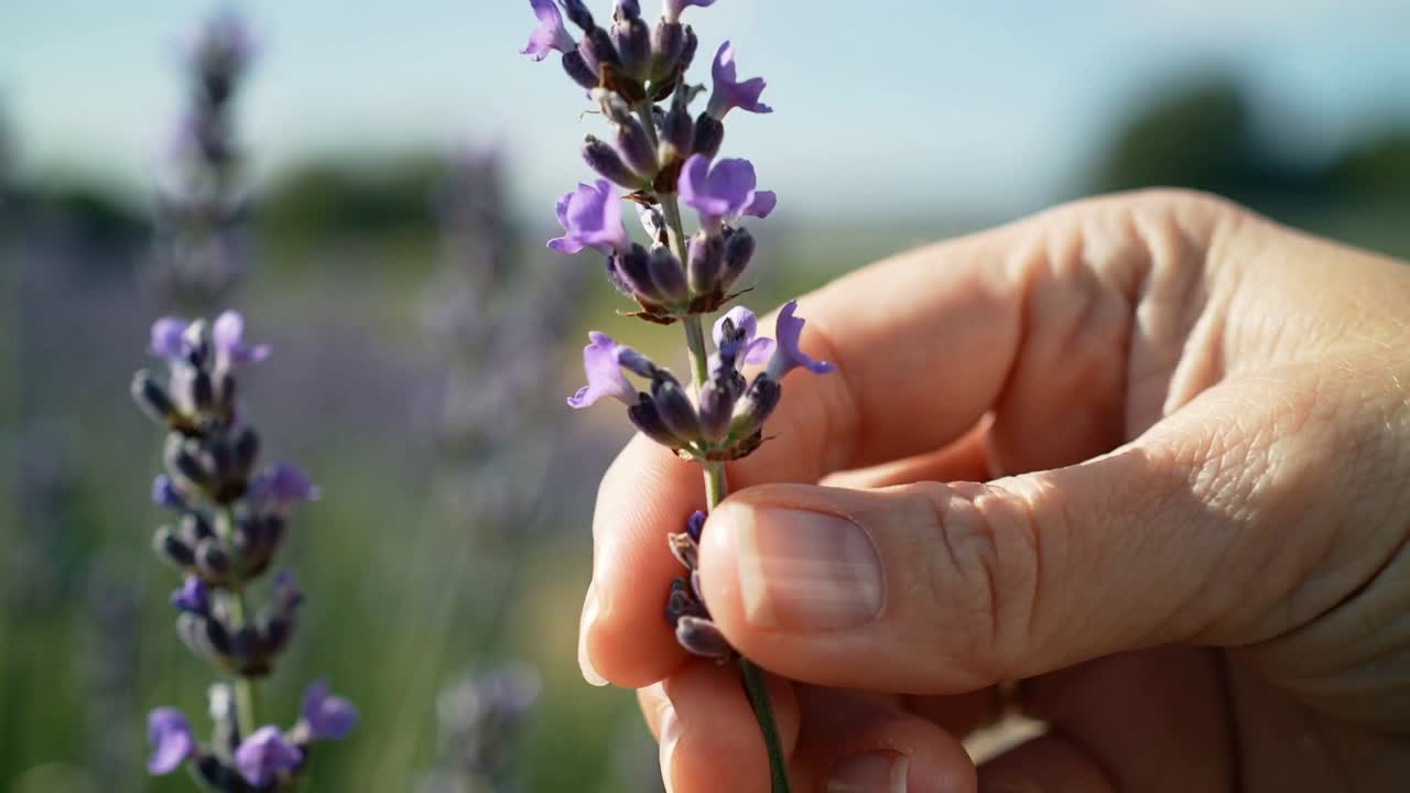 Mão direita se aproximando e segurando delicadamente um talo de lavanda no campo, apertando a flor, com uma pétala caindo para a colheita.