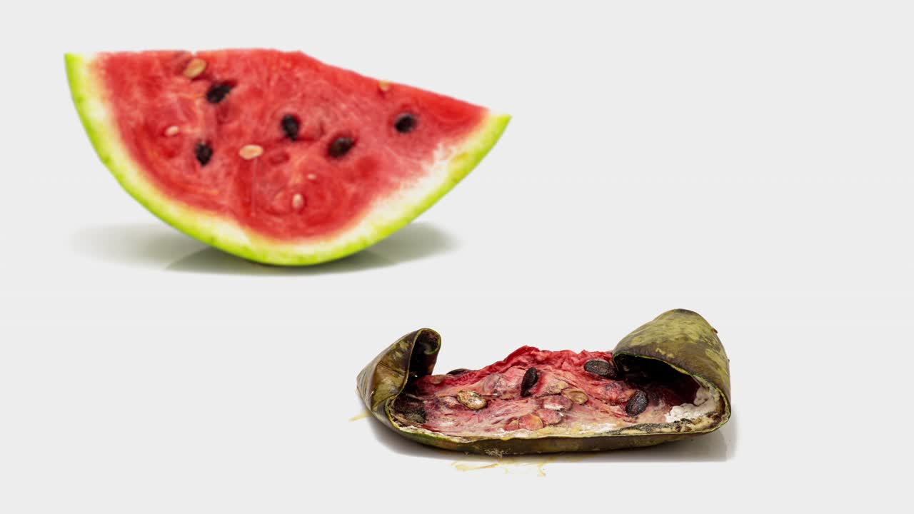 un pedazo de sandía madura pudriéndose sobre un fondo blanco, cámara lenta, video cognitivo educativo, video de bucle de inversión de tiempo