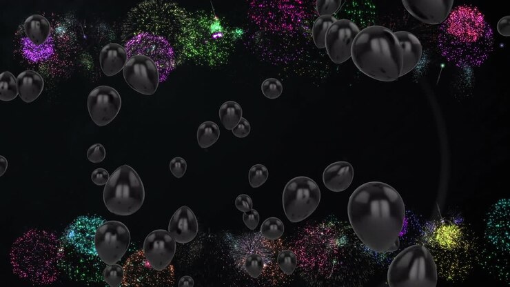 Animazione di palloncini neri con fuochi d'artificio su sfondo nero