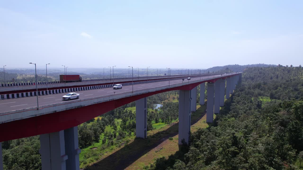 Mumbai Nagpur Expressway viaduct bridge in Western Ghats valley, Maharashtra, Drone shot