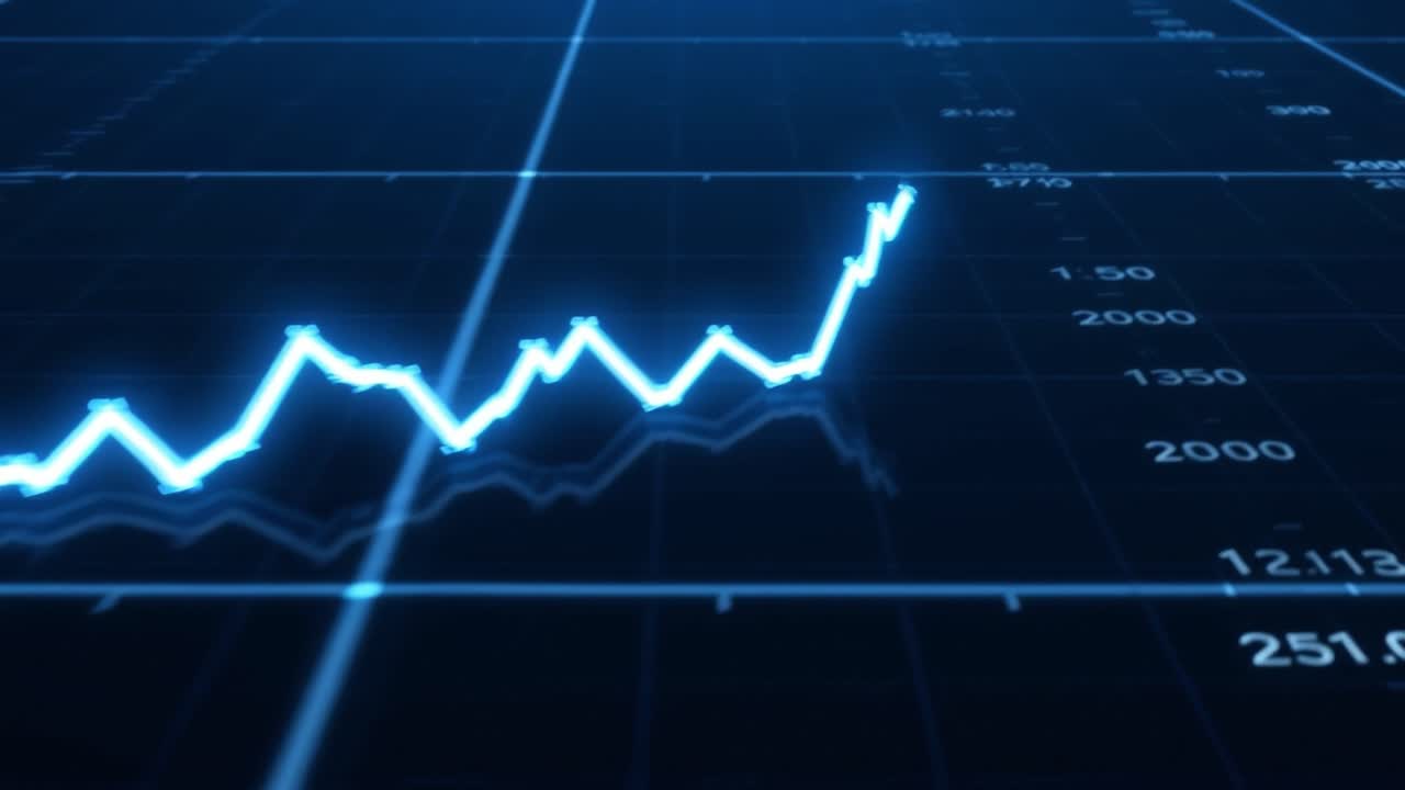 Digital aktiegraf på et mørkeblåt gitter. Linjegraf viser stigende og faldende tendenser. Tal vises langs akserne. Ideel til finans-, handels- eller økonomiske præsentationer.