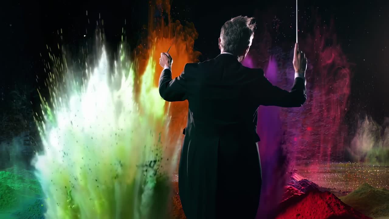 Vista posteriore di un direttore d'orchestra con esplosioni di polvere colorata, ripreso da dietro, concept video vibrante.