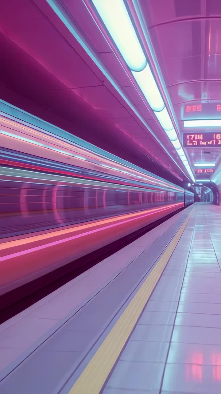 Vertical video: Rushing in, blurred train passing subway platform for boarding, with LED sign