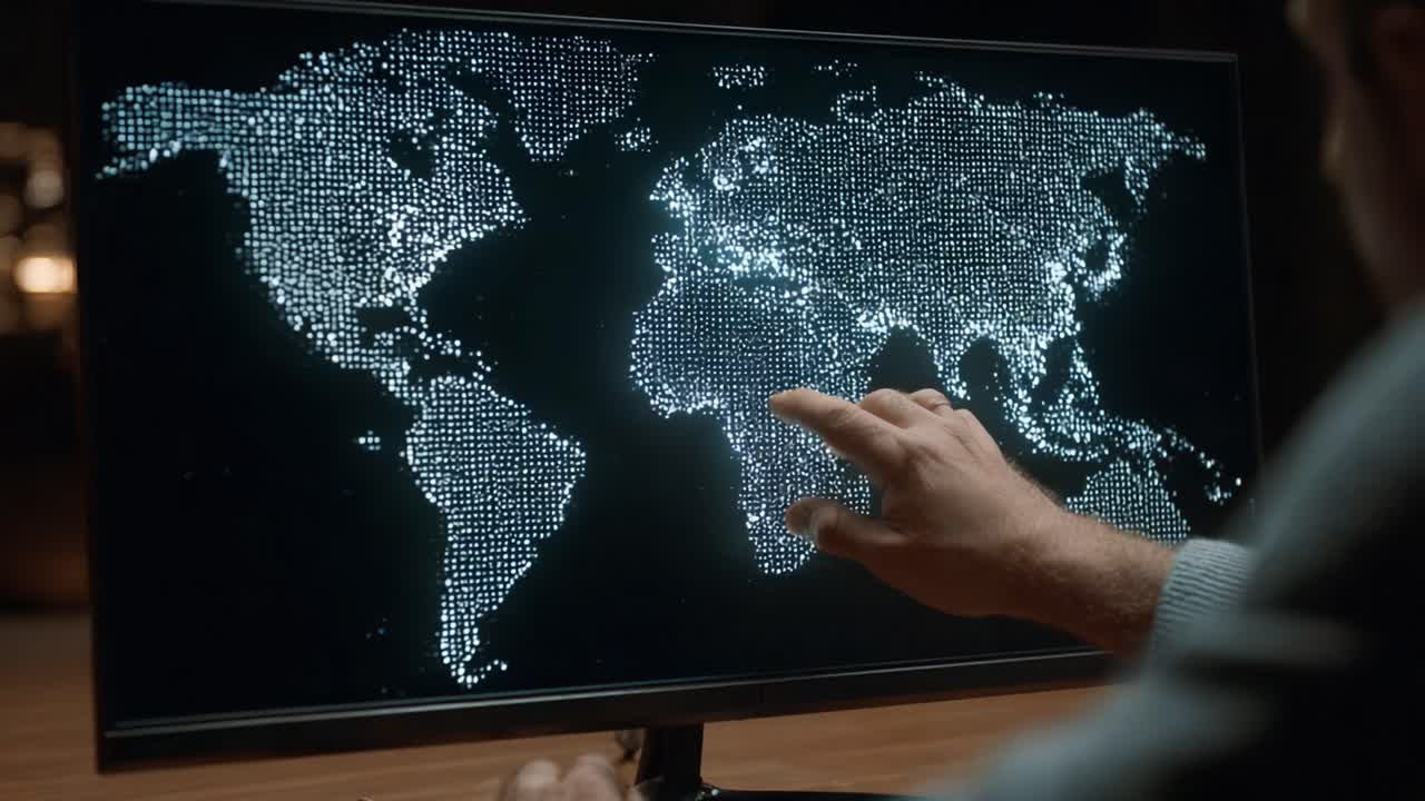 Exploring Digital Cartography: A Close-Up Interaction with a World Map Displayed on a Modern Screen Using Dots and Data Visualization Techniques