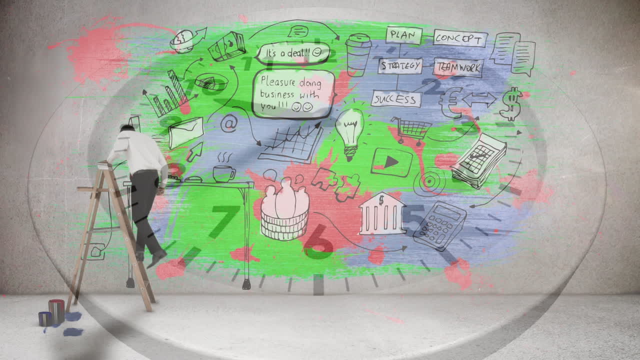 анимация статистики, иконки с бизнесменом на лестнице и секундомером