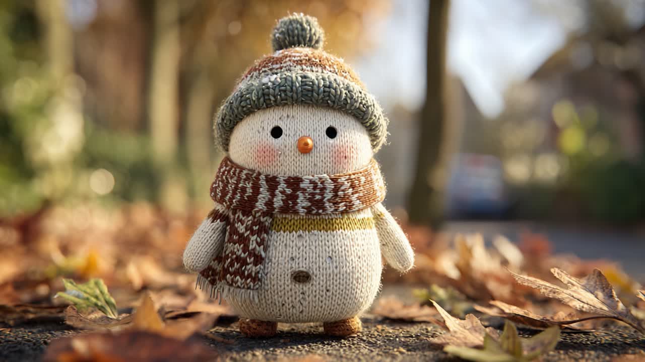 Charming Handmade Snowman Figurine Surrounded by Autumn Leaves, Wearing a Cozy Knit Hat and Scarf in a Bright, Sunny Setting Evoking Seasonal Cheerfulness