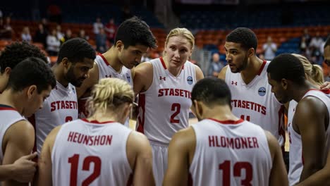 a focused basketball team engaged in strategy session, highlighting unity and comradery before their next challenging match