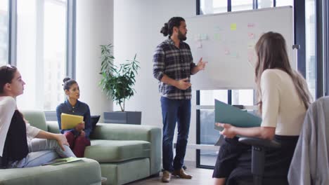 grupo diverso de colegas de negocios haciendo una lluvia de ideas usando pizarra en la sala de reuniones