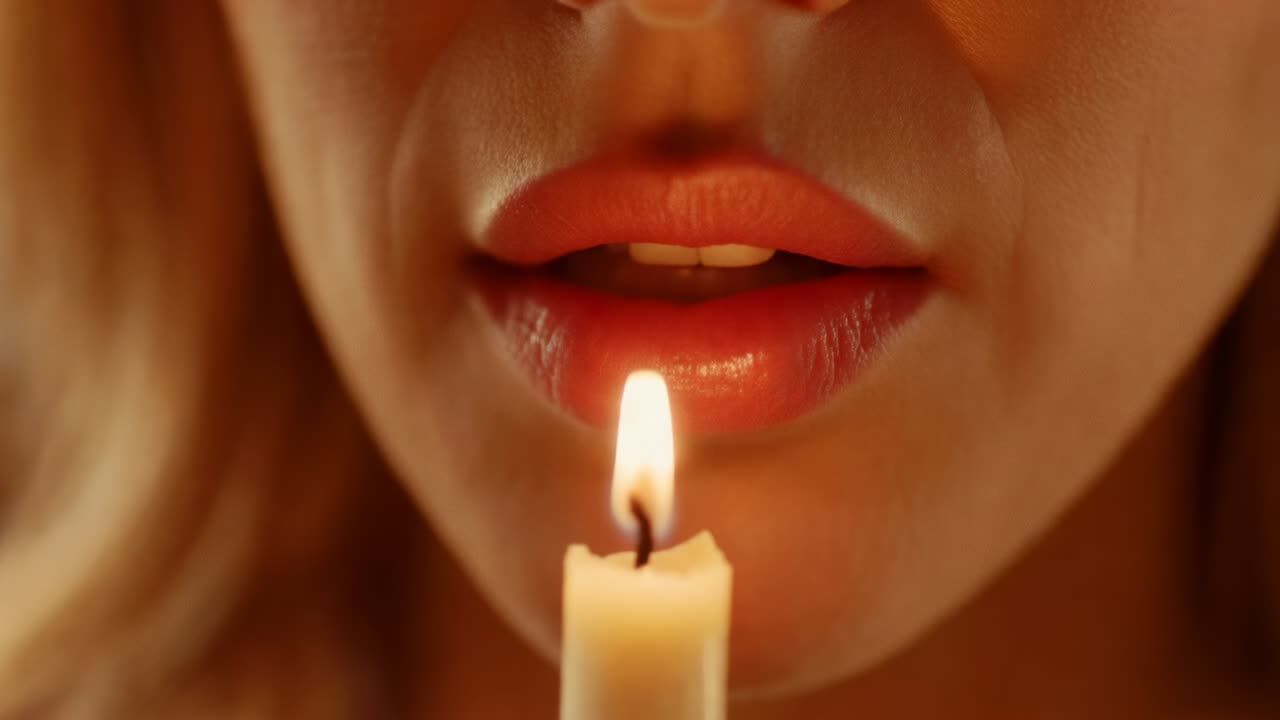 Pursing and blowing, woman with glossy red lips putting out candle flame in studio, smoke rising