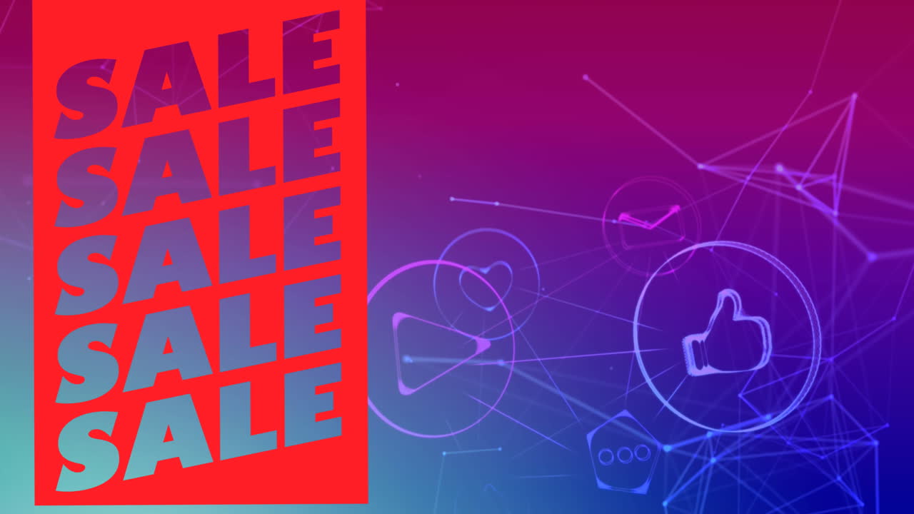 animación del texto de venta en un banner rojo sobre los iconos de las redes sociales en un fondo rosa a púrpura