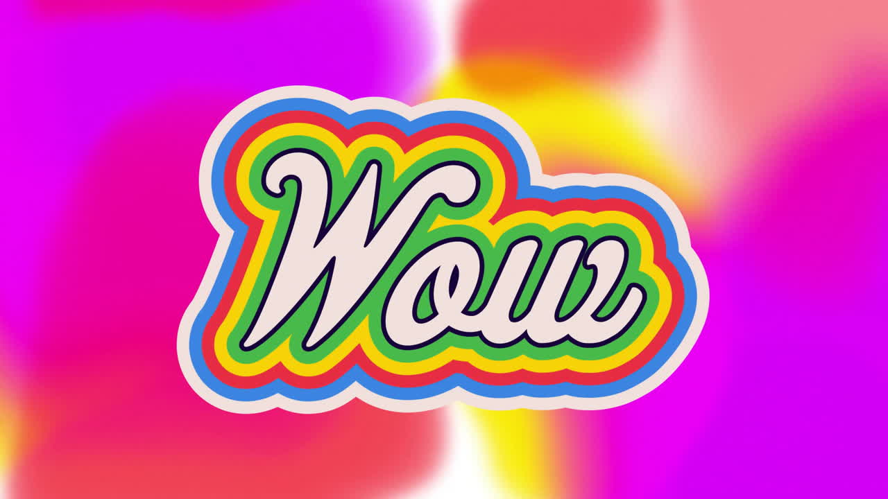 레인보우 와우 텍스트를 네온 패턴 배경으로 애니메이션