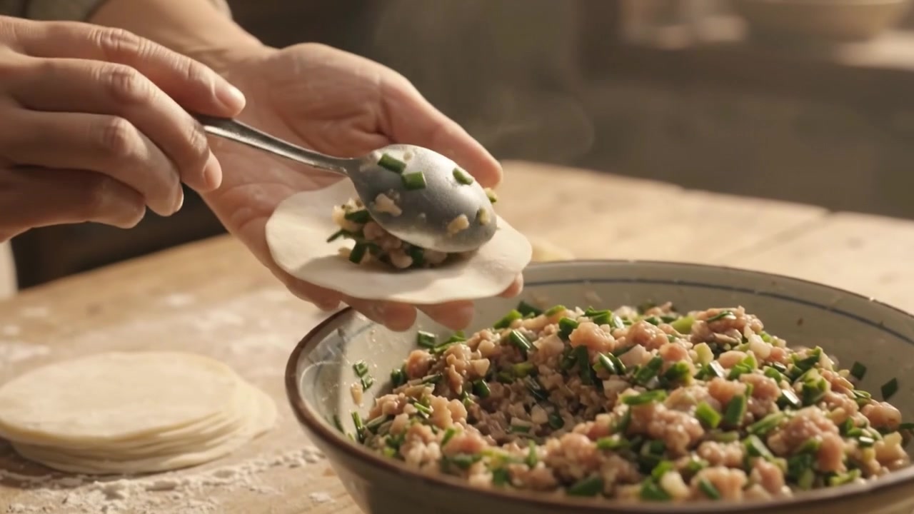 Persona che prepara ravioli fatti in casa con ripieno di carne ed erba cipollina