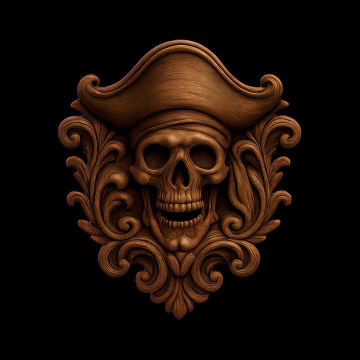 Intaglio ornato di teschio pirata in legno su sfondo nero