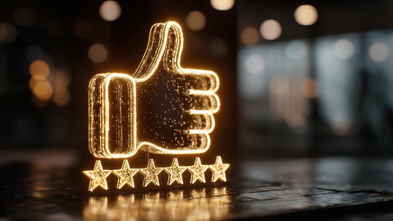 A Sparkling Golden Thumbs Up Symbol Accompanied by Five Shining Stars, Representing High Quality and Positive Feedback in a Stylish Modern Environment