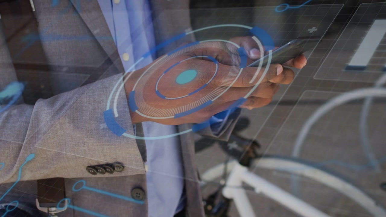 Business commuter tapping smartphone by white bicycle, blue HUD over phone showing route info