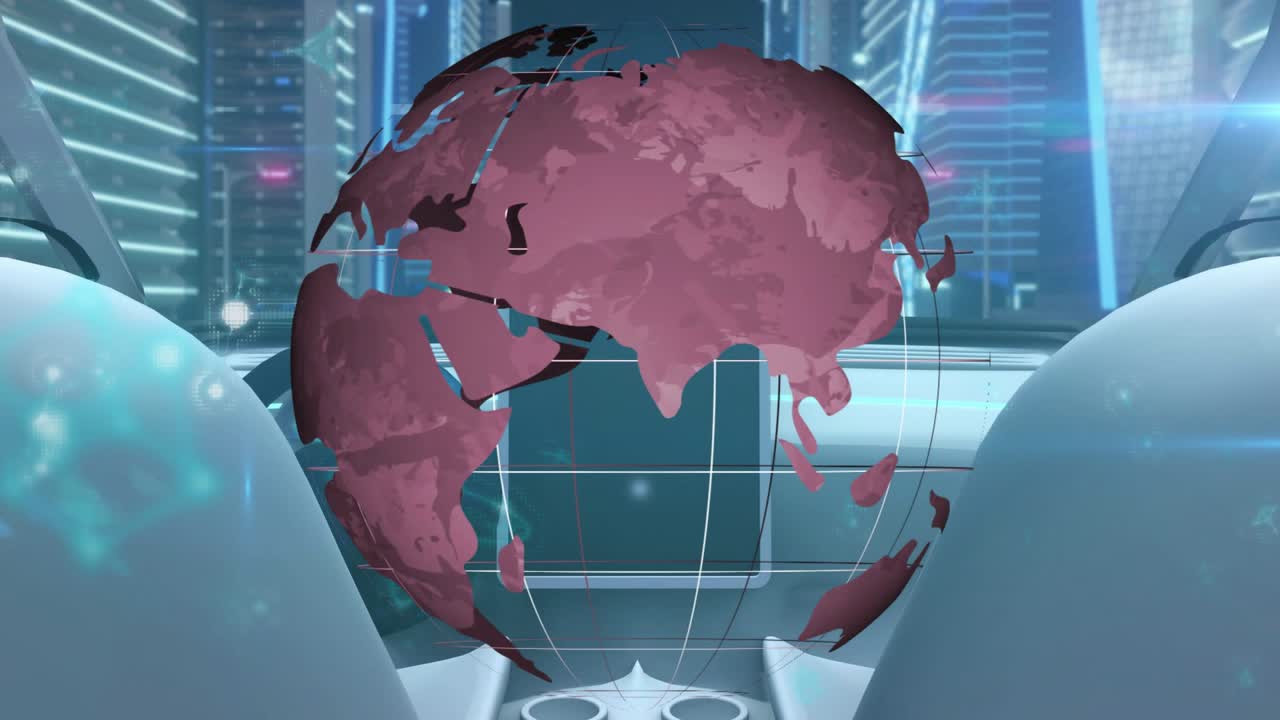 Console activating, hologram globe rotating left, dark masks sweeping continents to show coverage