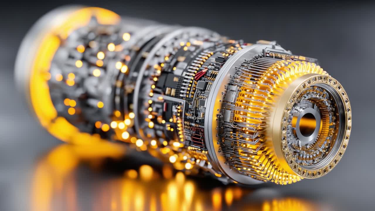 Un Primo Piano di un Complesso Componente Tecnologico Illuminato da Brillanti LED Arancioni, Che Mostra Circuiti Complessi e l'Eccellenza dell'Ingegneria Moderna