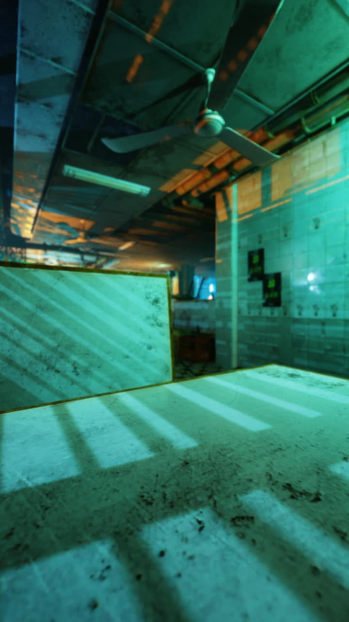 Industrial location with colorful lighting creating dynamic shadows at night