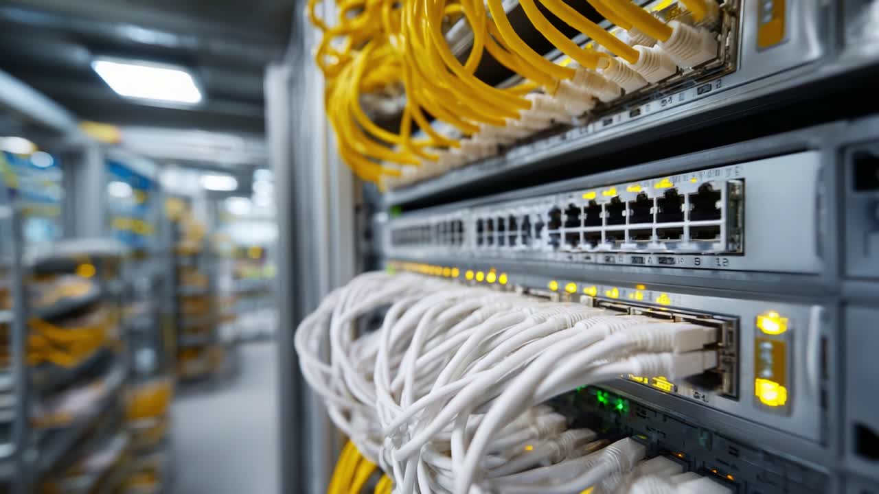 A Close-Up View of Networking Equipment with Yellow Cables and Active Ports Reflecting the Complexity of Modern Data Connections in High-Tech Environments