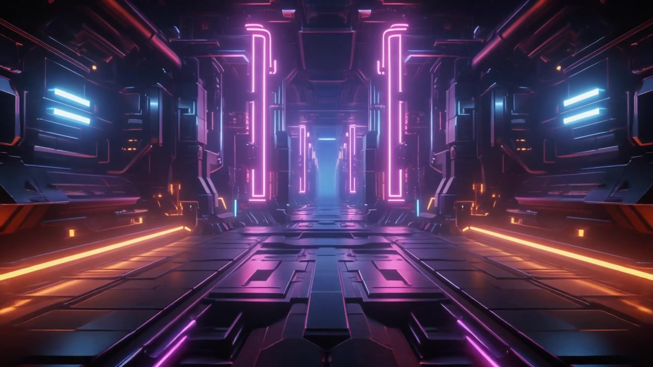 Futuristická sci-fi chodba se zářícími neonovými světly.