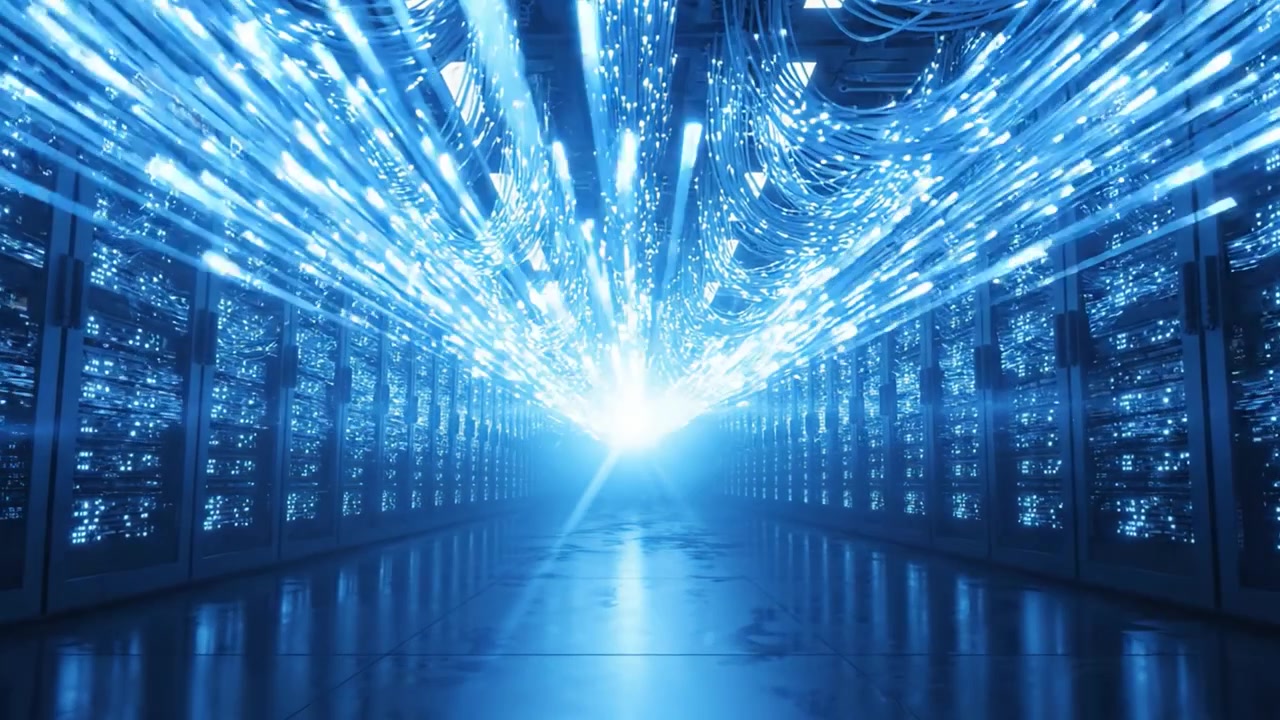 A Stunning Visual Journey Through a High-Tech Data Center, Showcasing Illuminated Cables and Rows of Server Racks in a Futuristic Environment