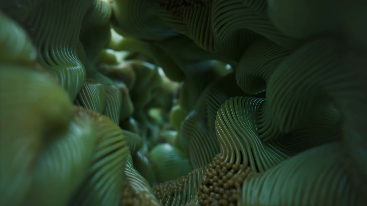 Smooth passage advances between glossy olive-green ridges and bulbous shapes as beadlike clusters appear among layered surfaces, creating dim enclosed depth with selective highlights.