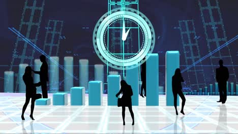 Animation-of-business-people-silhouettes-over-moving-clock-and-diagram