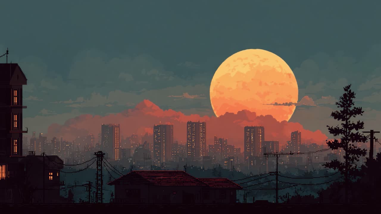 都会の風景に沈む鮮やかな夕日：ピクセルアートスタイルで表現された自然と都市生活の美しさ、暖色系の色合いとスカイラインのシルエットが特徴