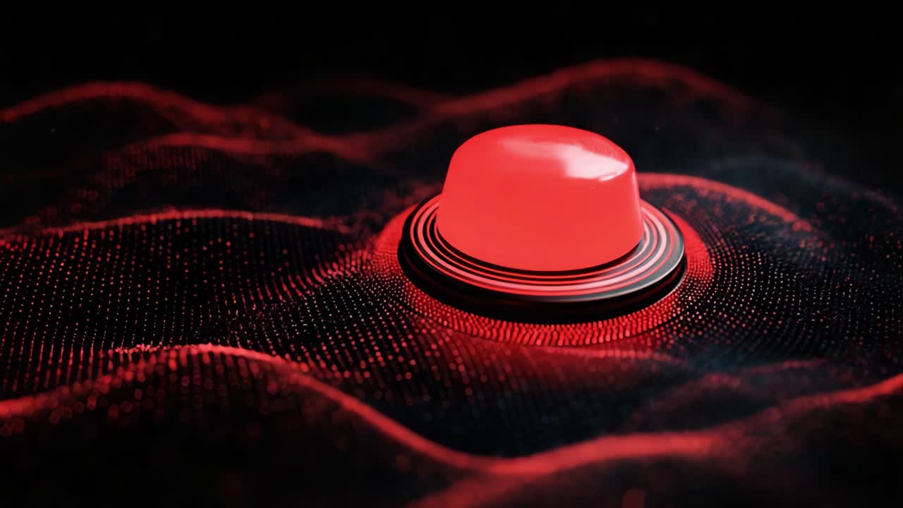A Striking Red Button on a Vibrant Background of Digital Particles, Representing Power, Decision Making, and Technological Innovation in a Bold Visual Composition