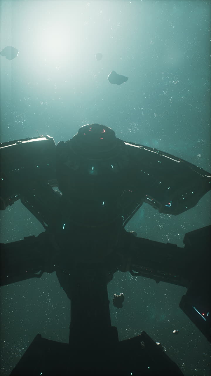 una enorme nave espacial navega a través de un denso campo de asteroides en el espacio profundo