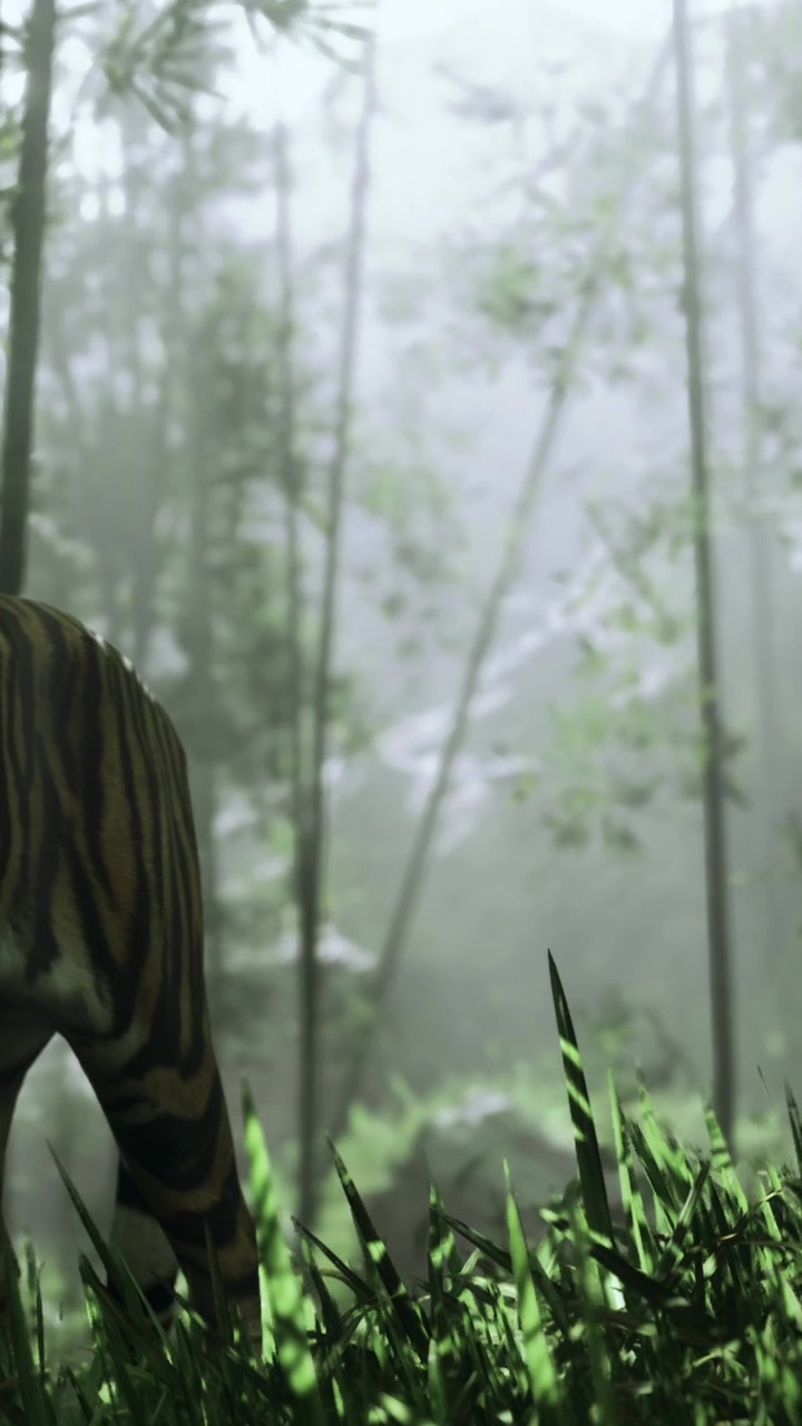 Una tigre cammina attraverso una foresta verde con alberi alti e luce soffusa.
